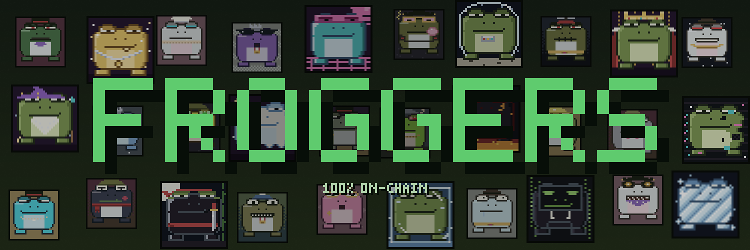 Froggers banner: a grid of pixel-art frogs around the FROGGERS wordmark, tagline 100% on-chain